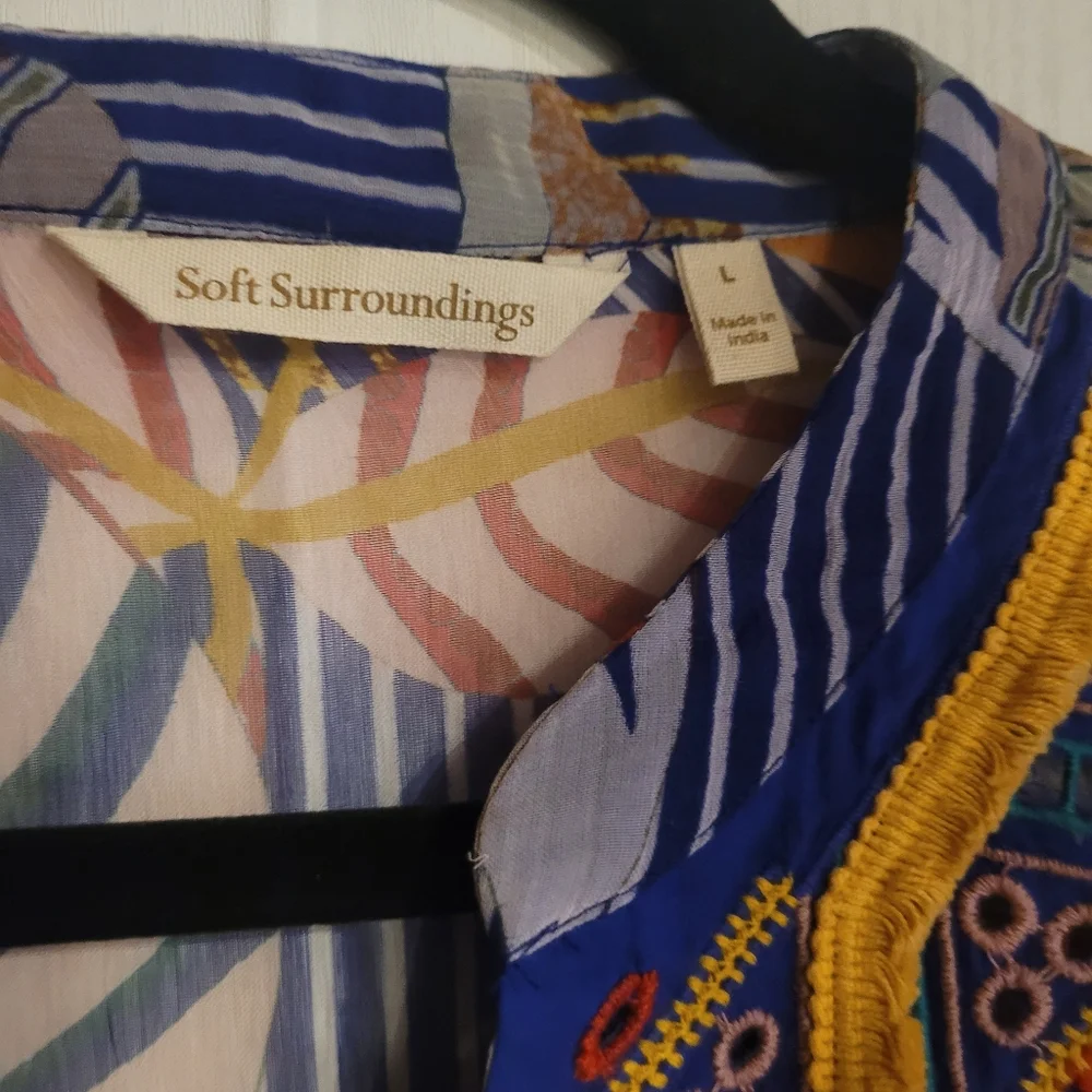 Soft Surroundings Tory Tunic Boho Floral Stripe Print Top Tassel Sheer Sz Large - Picture 10 of 15